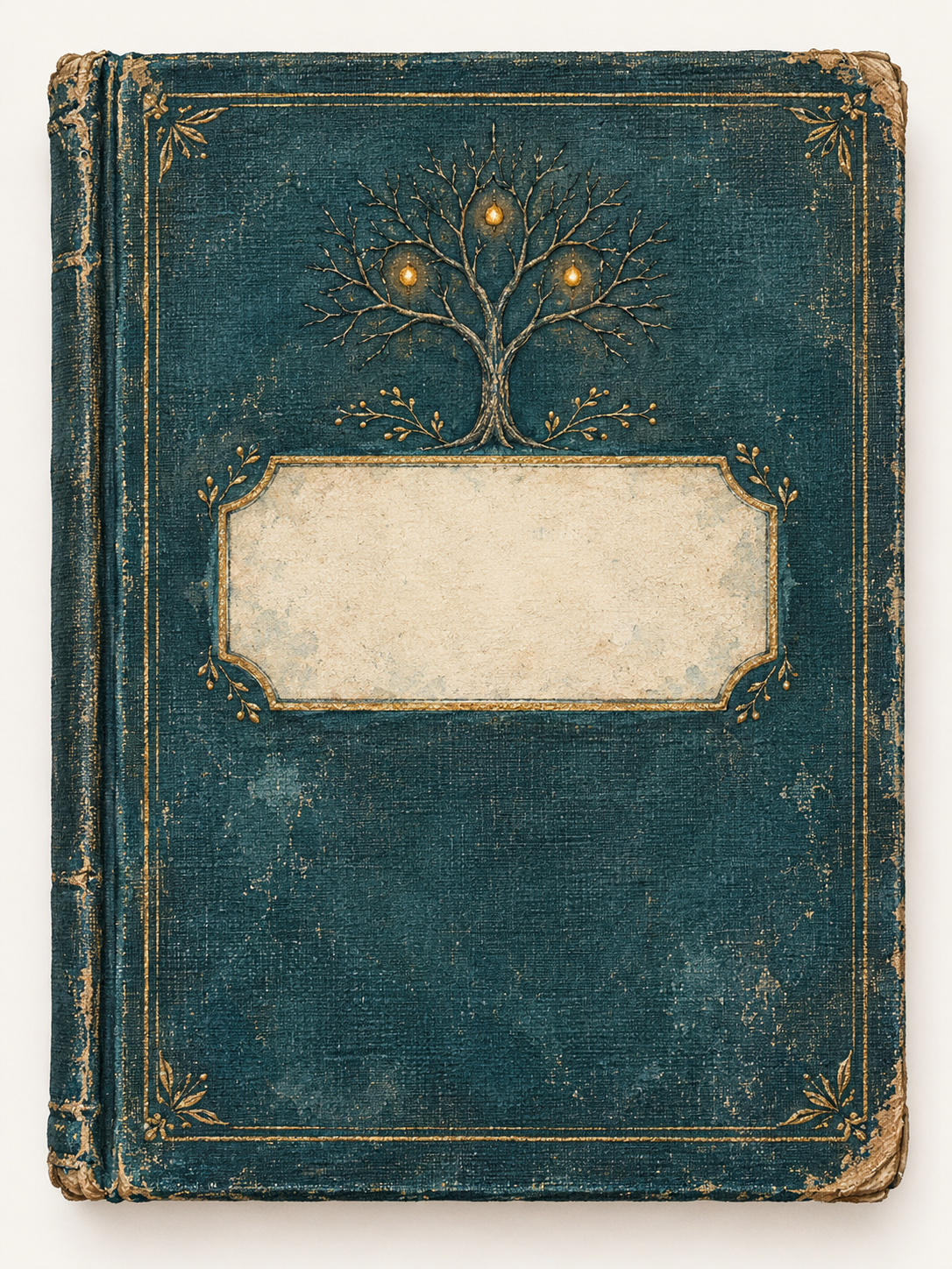 An old teal storybook with a golden tree and three amber lights